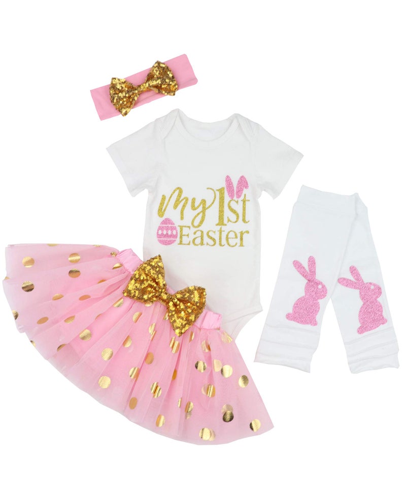 Fommy Easter Baby Girl Outfit, 9-12 Months Letter Printed Short Sleeve Romper + Tutu Dress + Leg Warmers + Headband 4Pcs Set, Pink - Image 1
